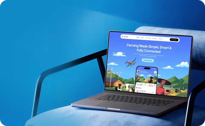 Laptop on blue chair showing a farming app with drone, cows, wind turbines, and farmers in a green landscape.