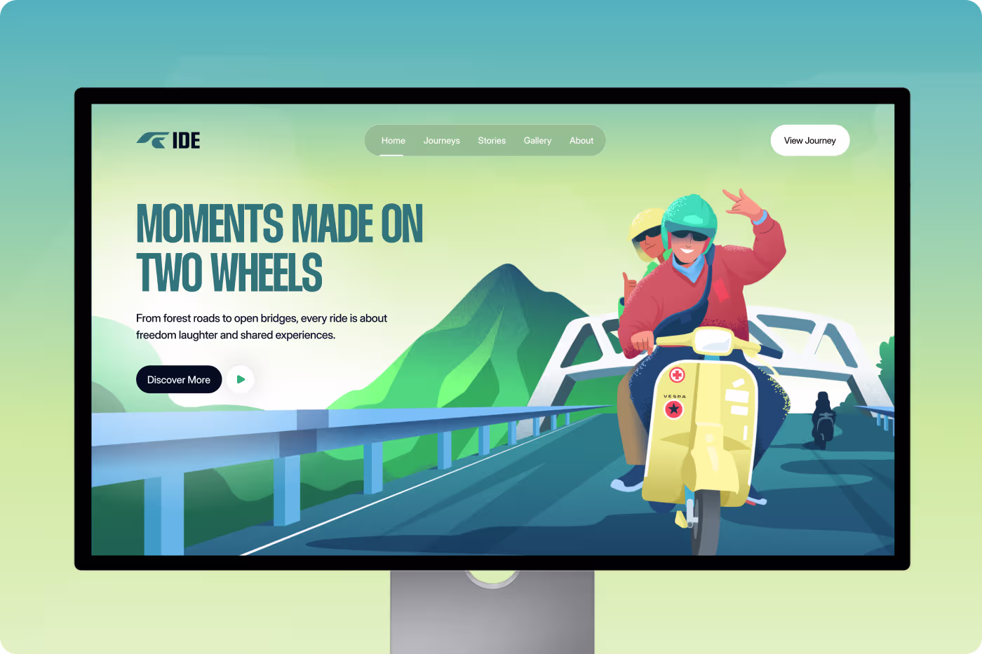 Relax Tour bike tour illustration case study thumbnail by Codeair Software Solutions showing colorful outdoor community scenes with cyclists and camping lifestyle branding for travel brand