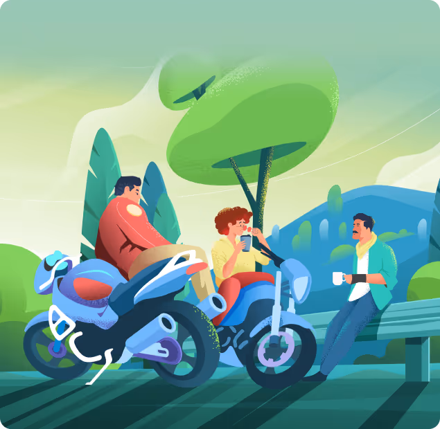 Three friends outdoors on motorcycles enjoying drinks and conversation near a bench under trees.