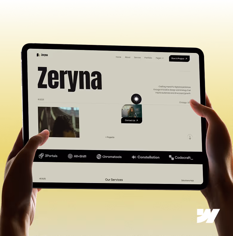 Hands holding a tablet displaying a website homepage titled 'Zeryna' with menu options and service logos, on a yellow background.