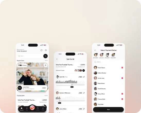 Three smartphone screens showing event, bill splitting, and payment partner selection apps.