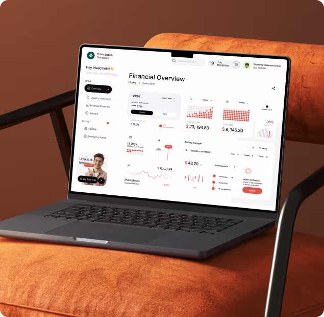 Laptop on orange chair showing a financial dashboard with charts, credit card info, and account balances.