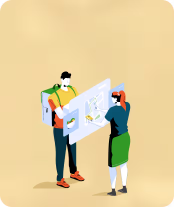 Two people wearing masks interact with a large transparent digital display against a beige background.