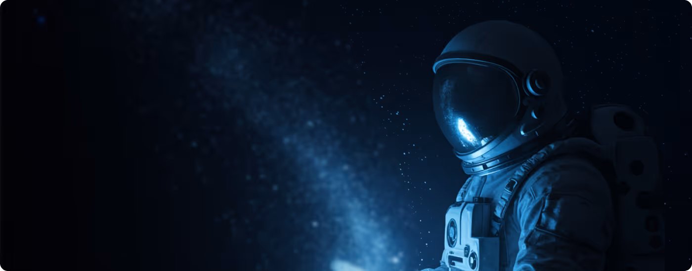 Astronaut in a space suit floating in dark space with stars visible in the background.