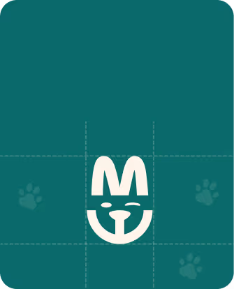 White minimalist dog face logo with visible ears and nose on teal background with paw prints.