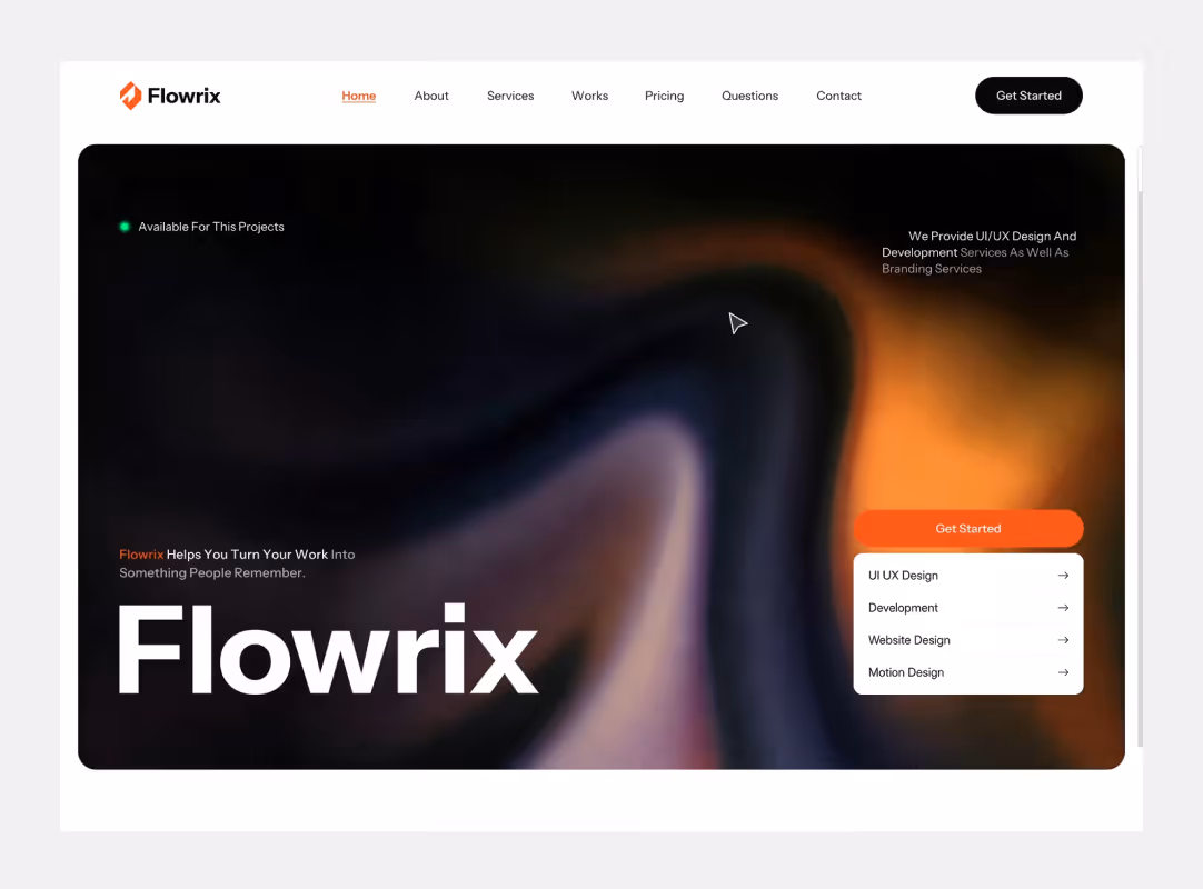 Flowrix website homepage with navigation menu and a colorful abstract background, featuring services like UI/UX design, development, website design, and motion design.