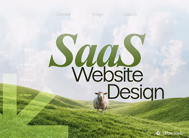 A sheep standing on green hills with text 'SaaS Website Design' over a cloudy sky background.