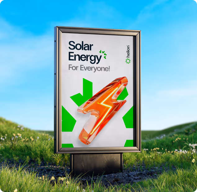 Outdoor billboard in a grassy field with blue sky, displaying 'Solar Energy For Everyone!' and a large red lightning bolt graphic.
