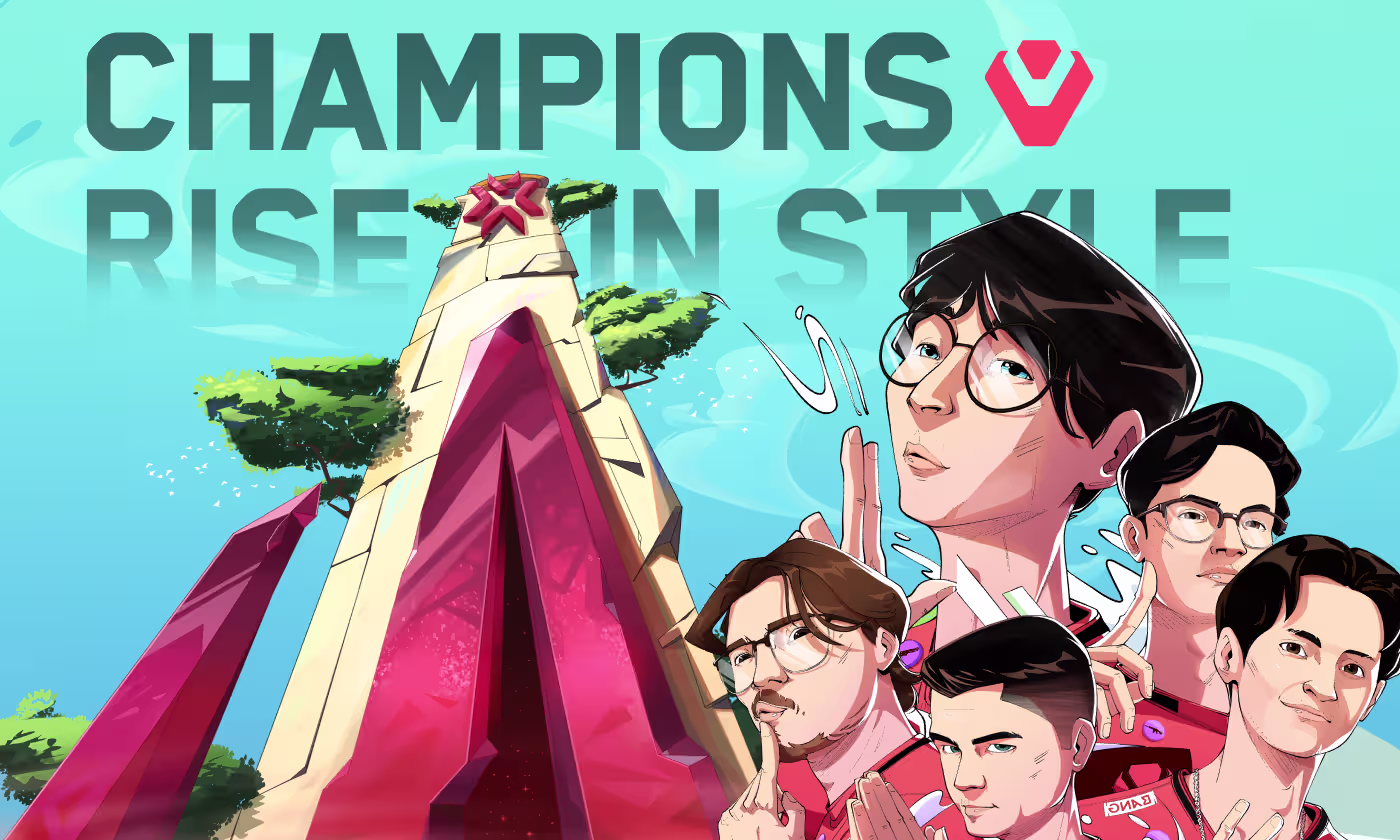 Valorant Champions Cup esports illustration case study thumbnail by Codeair Software Solutions showing Sentinels team roster with red and white branding for tournament campaign