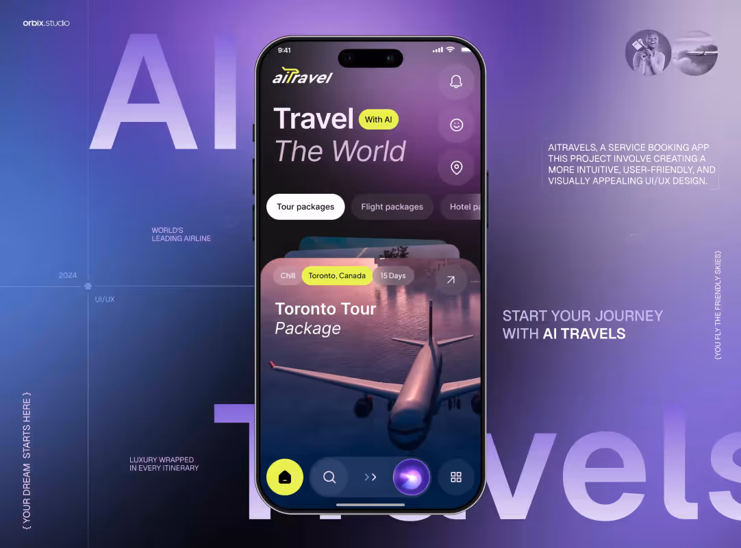 Smartphone screen displaying aiTravel app with a Toronto Tour package featuring a plane image and options for tour, flight, and hotel packages on a purple-blue gradient background.
