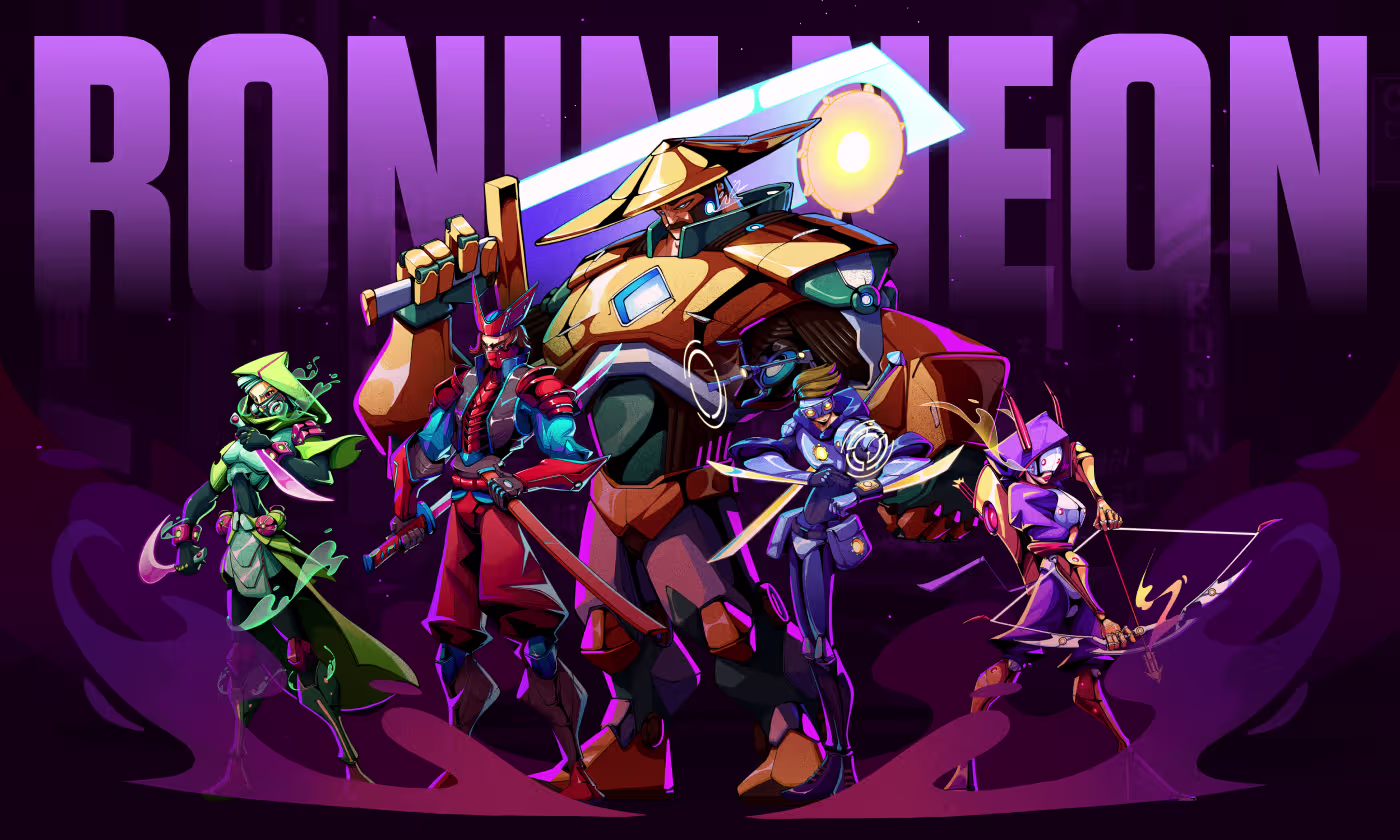 Ronin Neon cyberpunk character design case study thumbnail by Codeair Software Solutions showing futuristic warriors with neon effects and Japanese armor for gaming