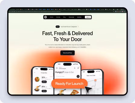 Website homepage showing food delivery app with tagline 'Fast, Fresh & Delivered To Your Door' and app interface on mobile phones.