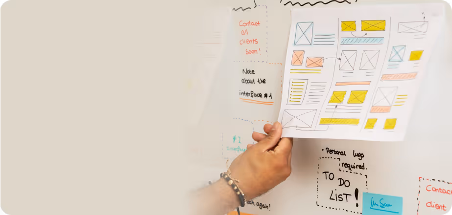 Hand holding a paper with colorful wireframe sketches and notes on a whiteboard with additional notes and to-do list items.