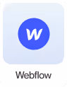 Webflow app icon with a white 'W' on a blue circular background and rounded square white border.