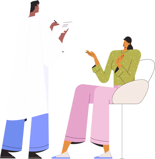 Illustration of a standing doctor holding a clipboard talking to a seated patient in a green top and pink pants.