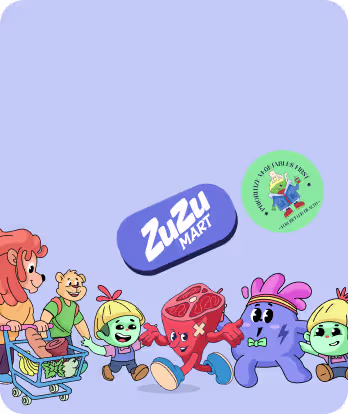Colorful cartoon characters including a lion with a shopping cart and animated food items on a light blue background.