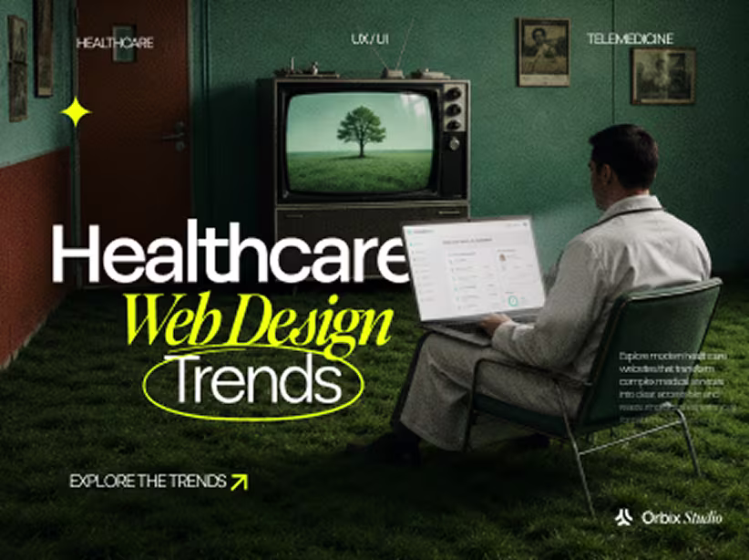 Healthcare website design trends thumbnail showcasing telemedicine, patient portal UX, responsive medical website design, accessibility, and modern healthcare digital experiences.