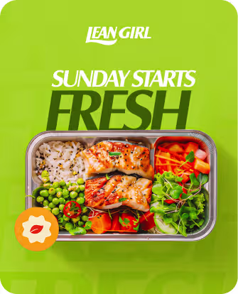Meal container with rice, grilled salmon, peas, salad, and carrots under text 'Lean Girl Sunday Starts Fresh'.