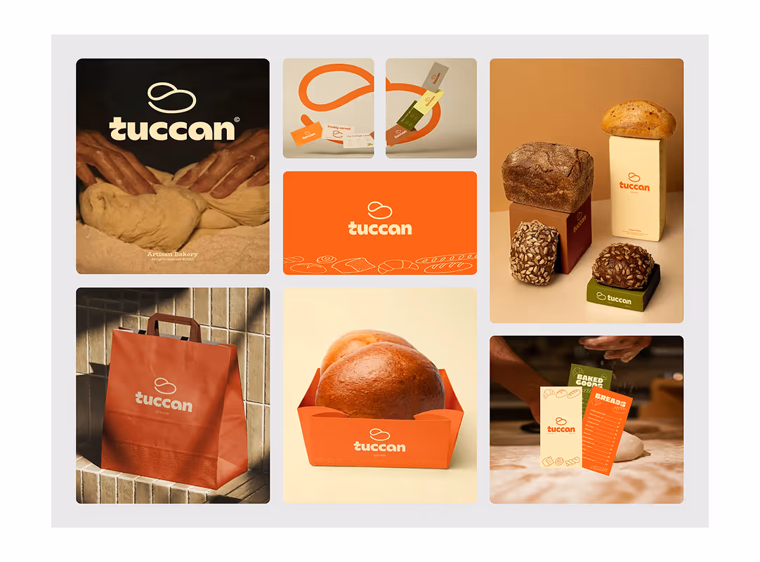 Collage showcasing artisanal bakery branding for Tucan, including dough kneading, bread packaging, business cards, shopping bag, and product tags.