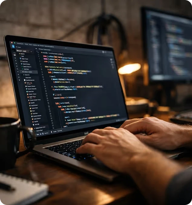 Person typing code on a laptop in a dimly lit workspace with a monitor and notebook nearby.