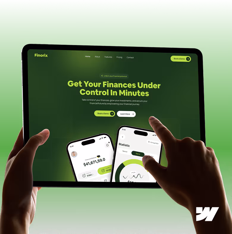 Hands holding a tablet displaying Finorix financial app homepage with green background and smartphone stats screens.