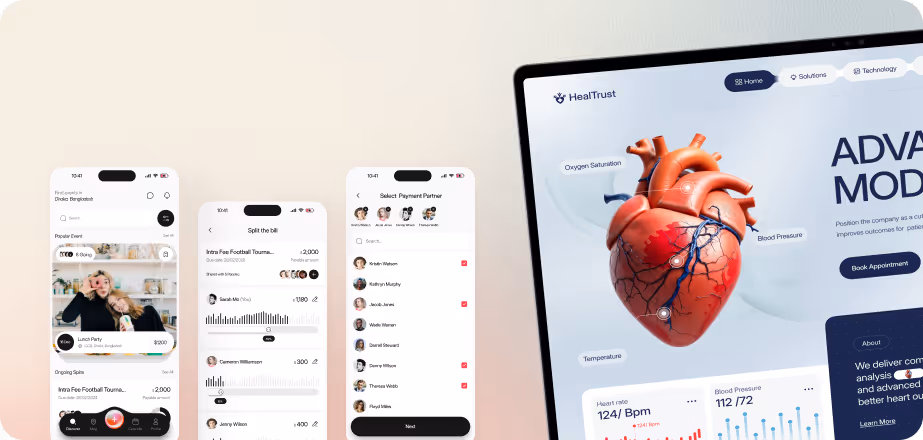 Digital health application interface showing heart model with data on heart rate, blood pressure, oxygen saturation, and temperature alongside smartphone screens displaying event split bill and payment partner selection.
