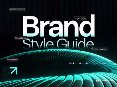 Brand style guide showing logo usage color palette UI components and icon system framework for creating consistent visual identity and brand guidelines