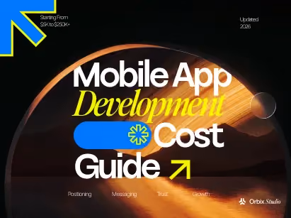 Mobile app development cost guide card banner pricing from $5K to $250K+ covering positioning, messaging, and trust