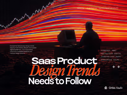 SaaS product design trends guide showing design team analyzing AI assistance personalization essential dashboard clarity typography design systems and scaling with data visualization and market growth metrics
