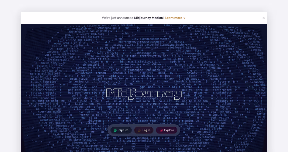 Midjourney homepage screenshot, an AI design tool for concept art, mood boards, and text-to-image generation