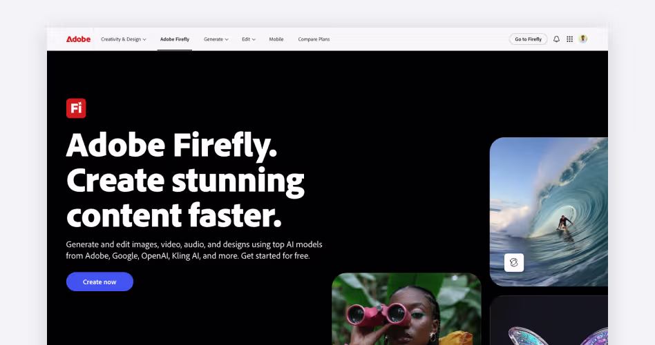 Adobe Firefly homepage screenshot, an AI design tool for brand-safe graphics, generative fill, and text-to-vector creation