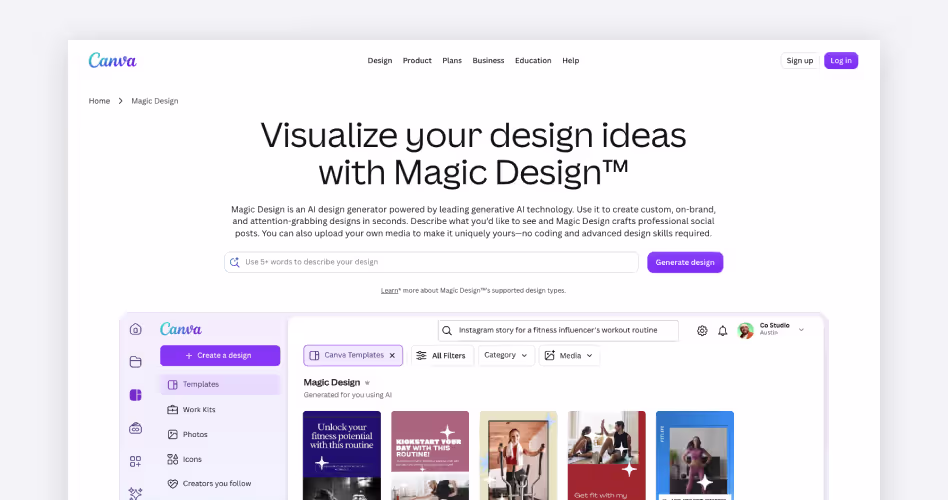 Canva Magic Design homepage screenshot, an AI design tool for social media graphics and quick layout creation