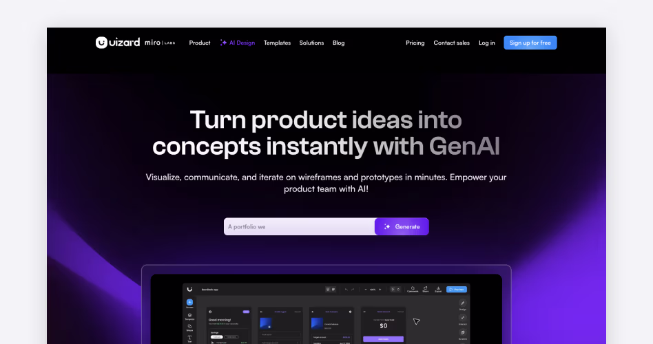 Uizard homepage screenshot, an AI design tool for app and web wireframing with sketch-to-UI generation