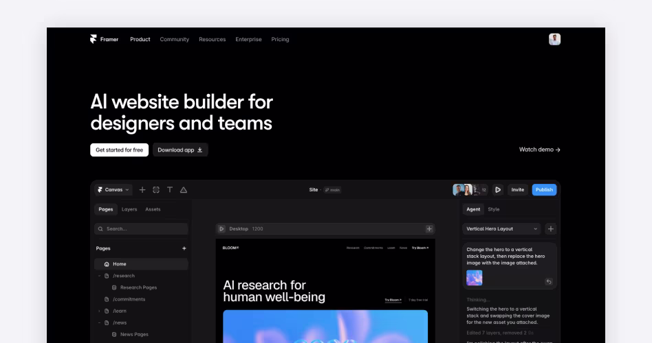 Framer AI homepage screenshot, an AI website builder for designers and teams with prompt-to-website generation