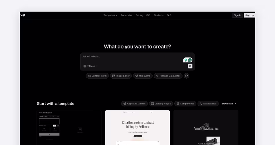 v0 by Vercel homepage screenshot, an AI design tool for generating production-ready web UI with React and Tailwind code