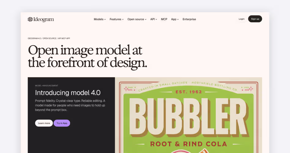 Ideogram homepage screenshot, an AI image generation tool known for accurate typography and legible text rendering
