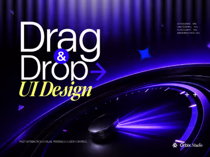 Drag and drop UI design pattern showing action speed 98% user control 92% flow clarity 89% error reduction 84% for interaction design and user experience optimization