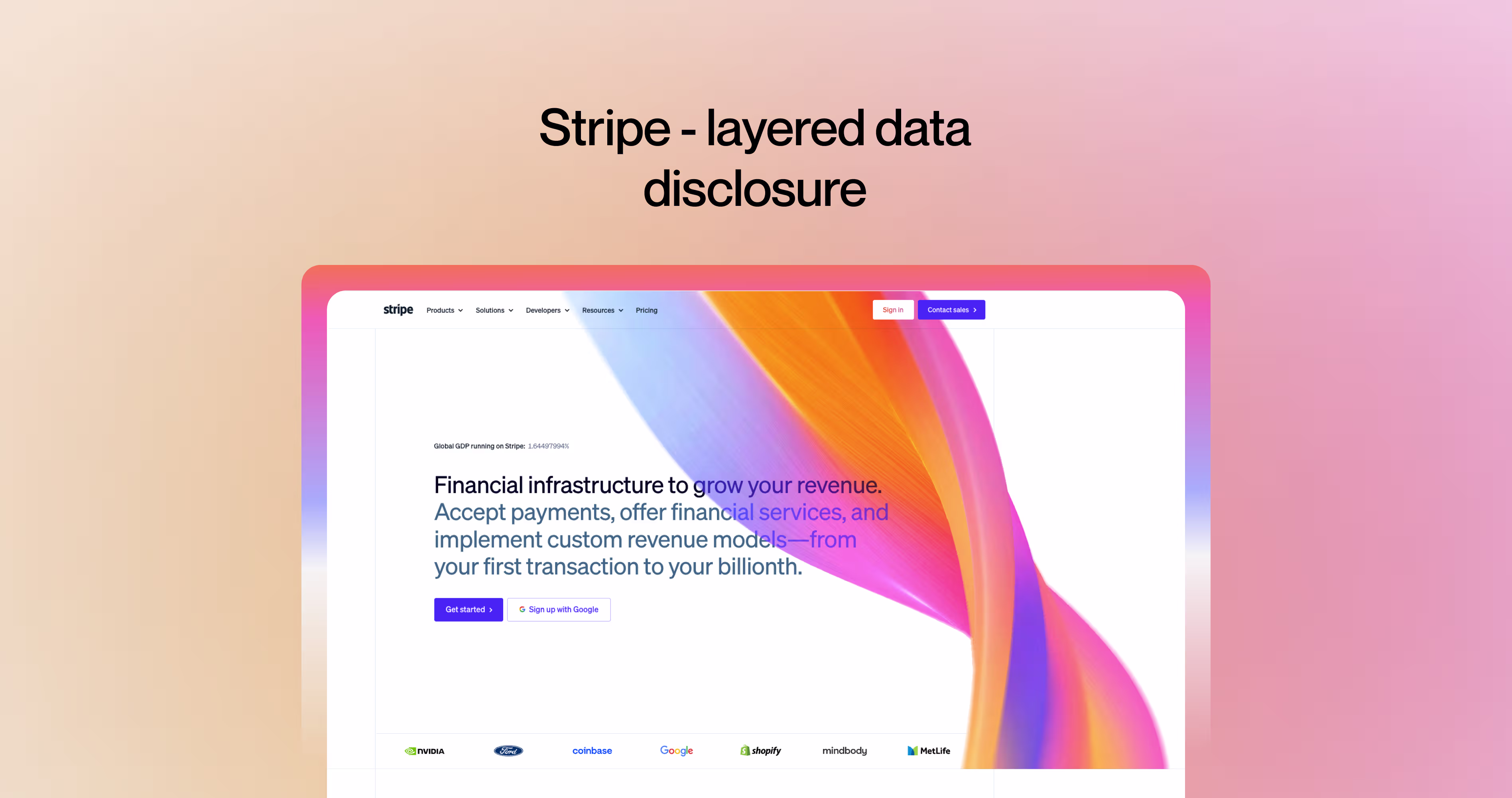 Stripe dashboard example showing layered data disclosure with key KPIs visible before deeper financial details