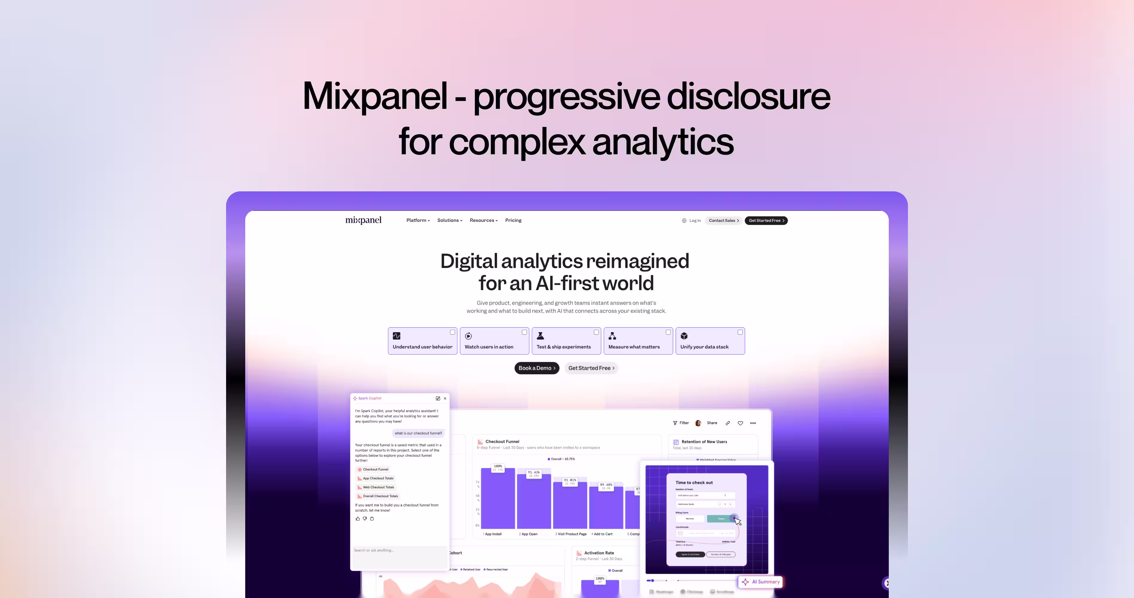 Mixpanel dashboard example using progressive disclosure to make complex product analytics easier to explore