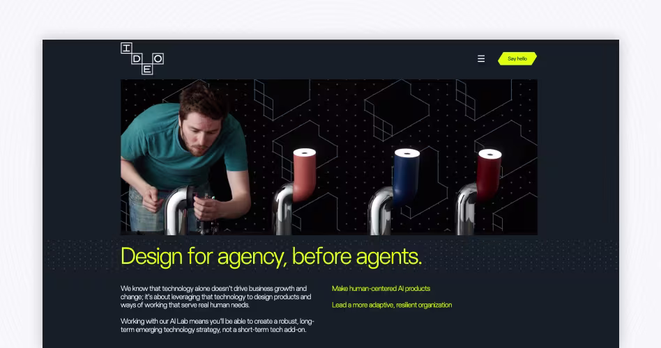 IDEO AI Lab website focused on human-centered AI product design, innovation, and emerging technology solutions