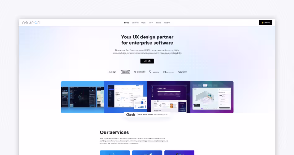 Neuron UX agency website showcasing enterprise AI software design, UX strategy, and product design services