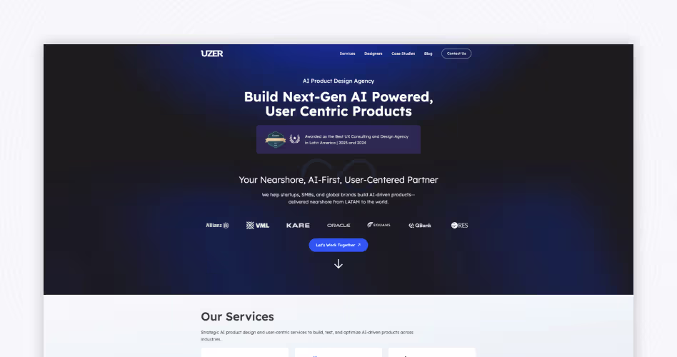 UZER AI product design agency website featuring AI-powered product development and user-centered design services