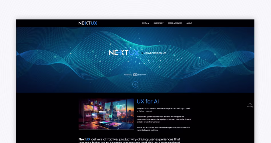 NextUX agency website showcasing conversational AI UX design, adaptive interfaces, and intelligent user experiences