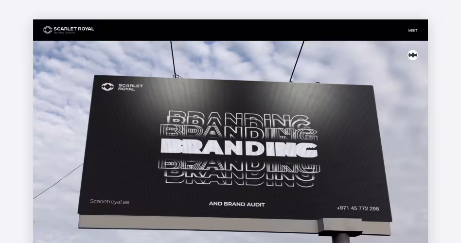 Scarlet Royal branding agency website featuring brand identity, brand audit, and creative branding solutions in Dubai.