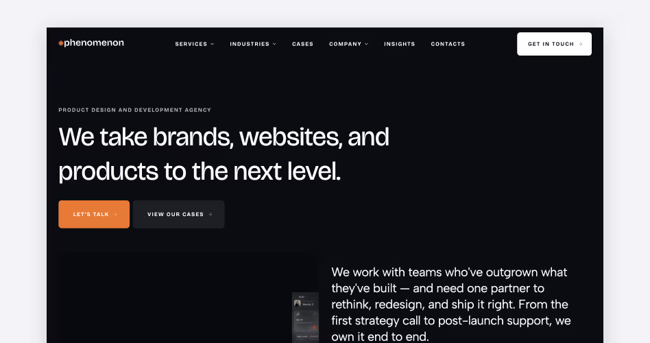 Phenomenon Studio homepage screenshot, a product design and development agency for venture-backed fintech and AI-powered financial products