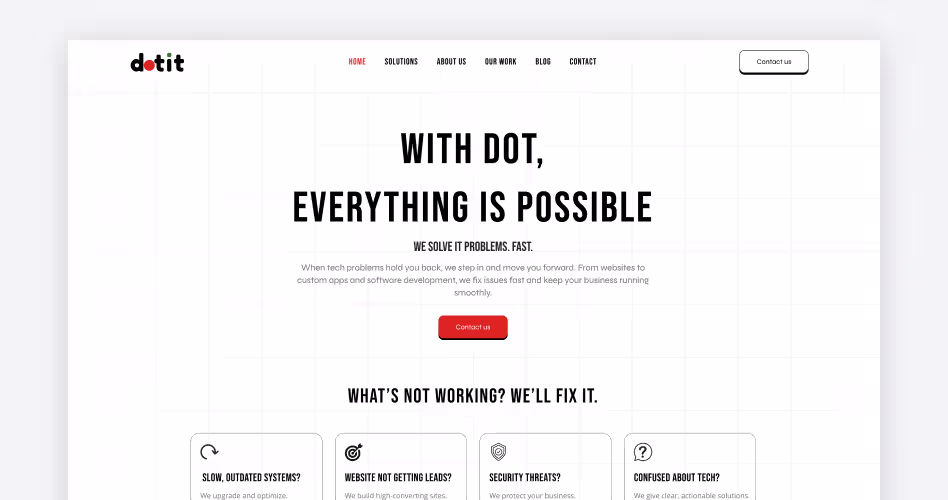 Dot IT web design and development company homepage featuring website development, software solutions, and digital business services.
