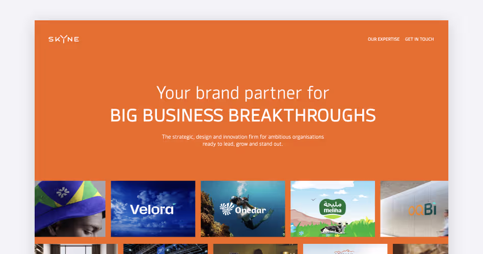 SKYNE brand strategy agency website showcasing branding, creative strategy, design innovation, and business growth services.