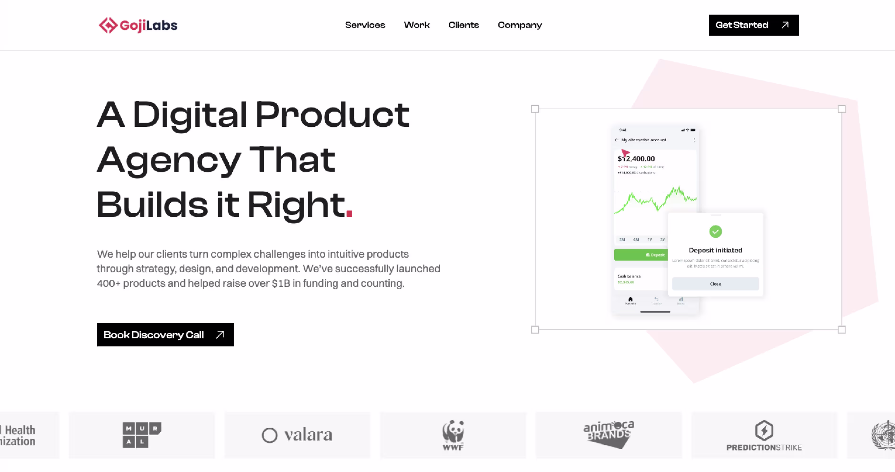 Goji Labs homepage showcasing a digital product agency focused on strategy, design, and development