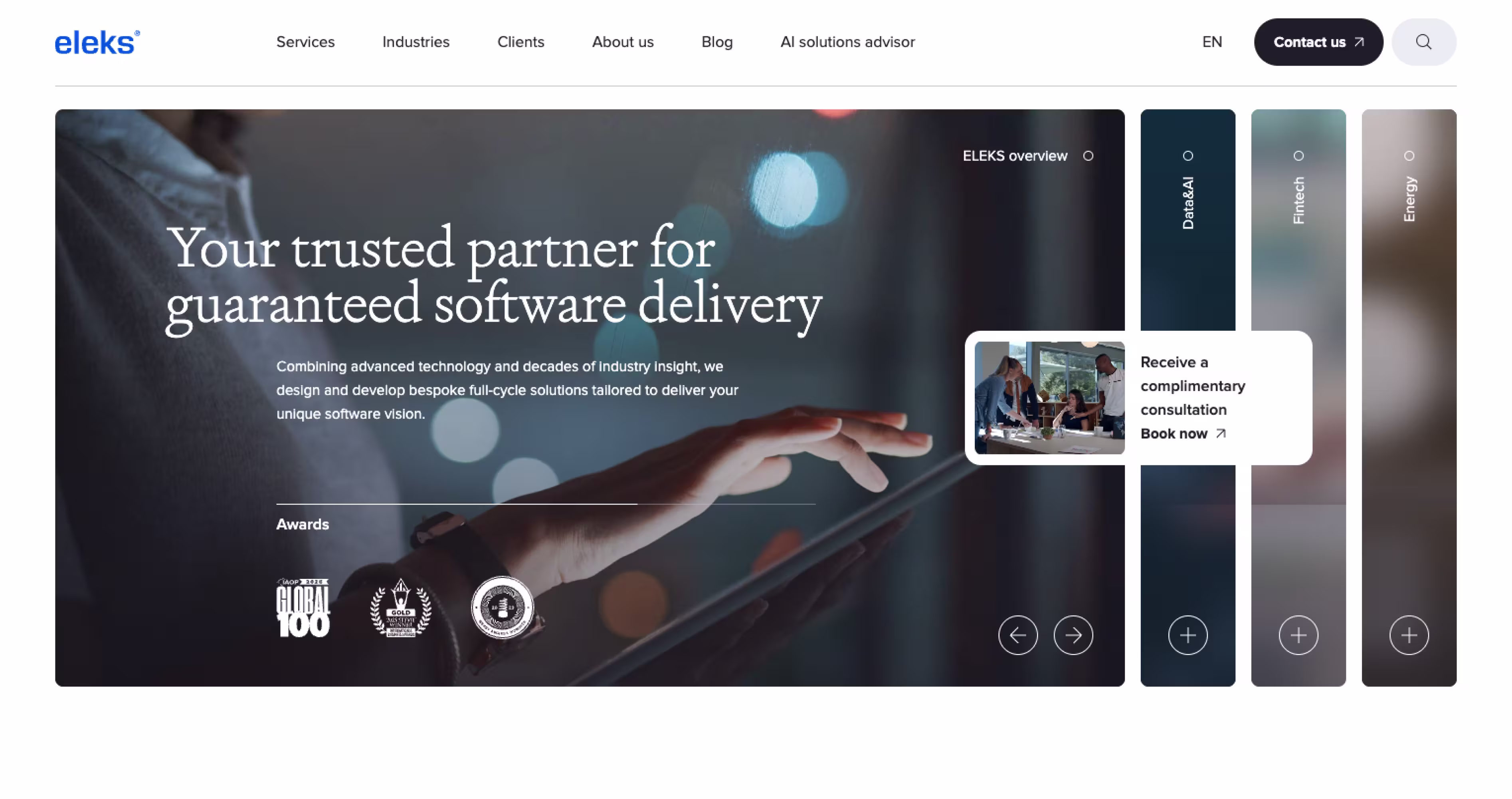 ELEKS homepage presenting software design and development services for enterprise and digital products