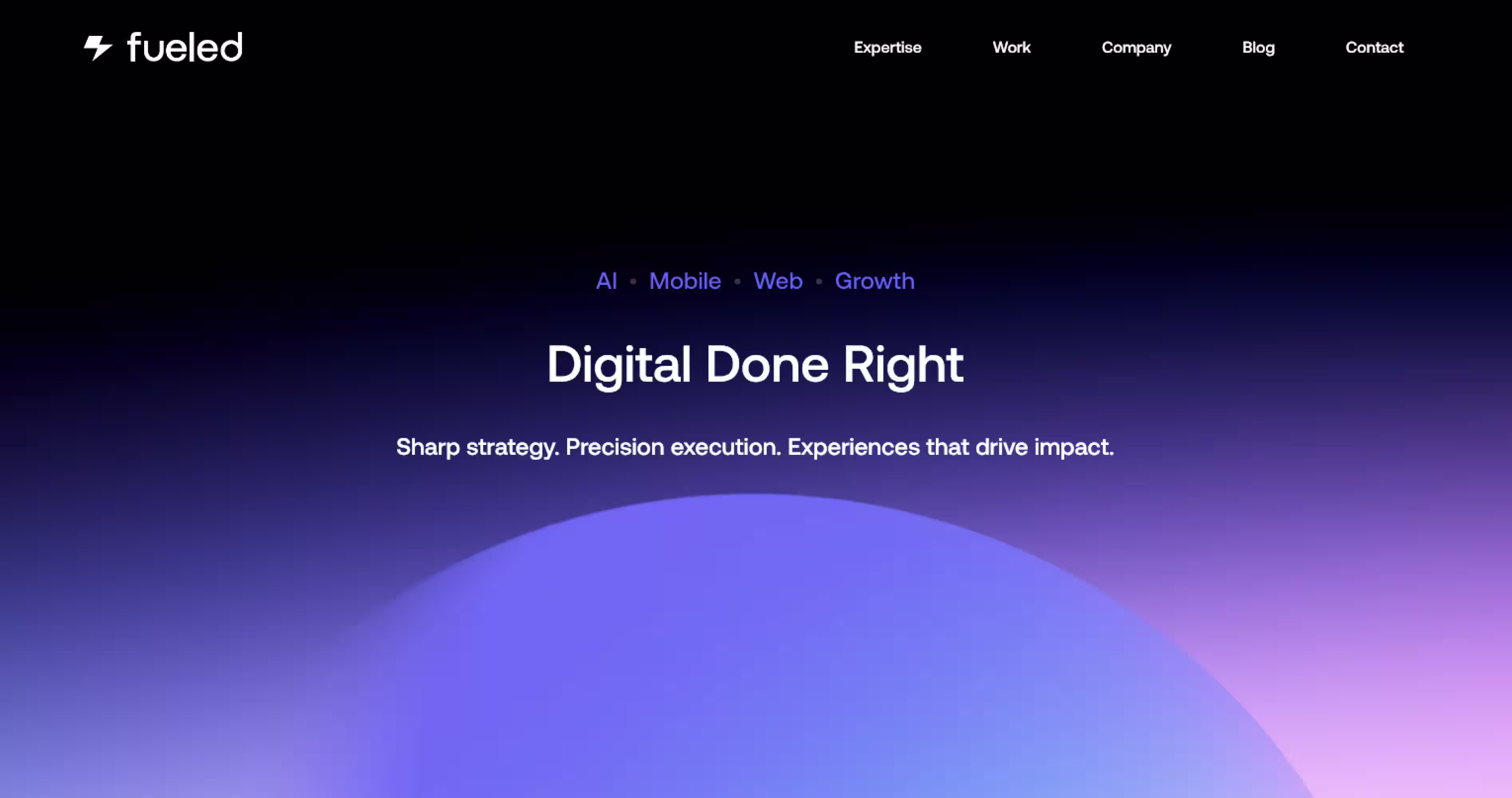 Fueled homepage with dark gradient design promoting AI, mobile, web, and growth services
